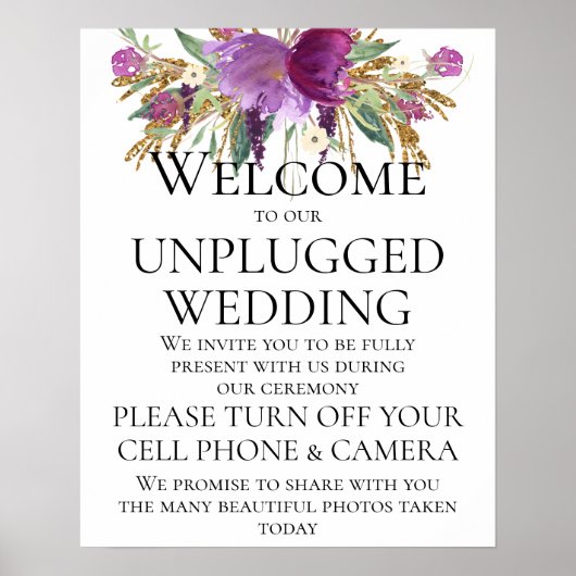 Paarse Gold Floral Unplugging Wedding Ceremonony S Poster (Voorkant)