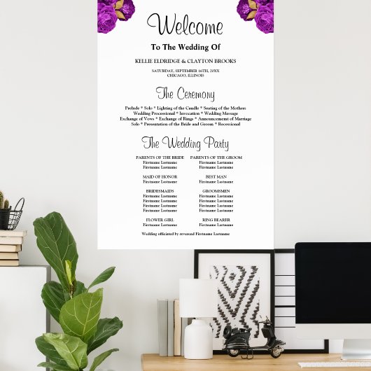 Paarse/Gold Floral Wedding Ceremony Program Sign. Poster (Thuiskantoor)