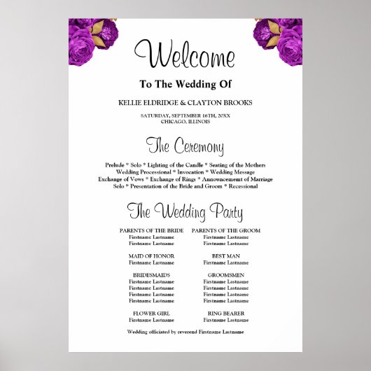 Paarse/Gold Floral Wedding Ceremony Program Sign. Poster (Voorkant)