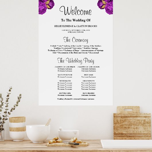Paarse/Gold Floral Wedding Ceremony Program Sign. Poster (Keuken)