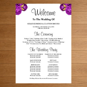 Paarse/Gold Floral Wedding Ceremony Program Sign. Poster