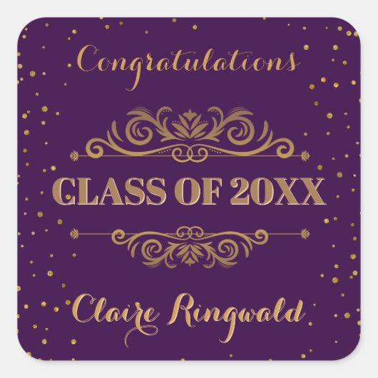 Paarse Gold Graduation Party Favor Gefeliciteerd Vierkante Sticker (Voorkant)