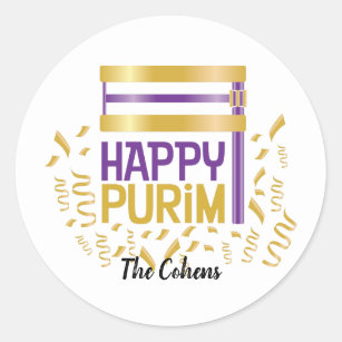 Paarse Gold Happy Purim en Grogger Ronde Sticker