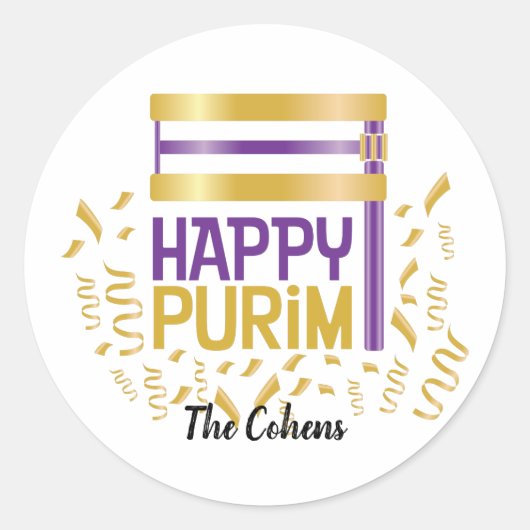 Paarse Gold Happy Purim en Grogger Ronde Sticker (Voorkant)