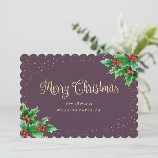 Paarse Gold Holly Berries Business-kerstKaarten Feestdagenkaart (Staand voorkant)