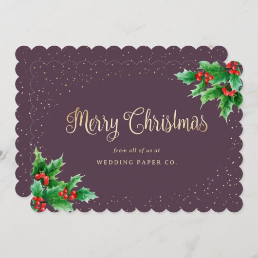 Paarse Gold Holly Berries Business-kerstKaarten Feestdagenkaart (Voorkant / Achterkant)