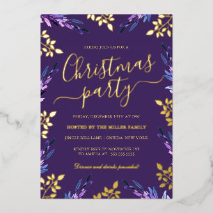 Paarse Gold Leaf Kerstfeest Folie Uitnodiging