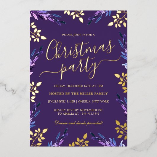 Paarse Gold Leaf Kerstfeest Folie Uitnodiging (Voorkant)