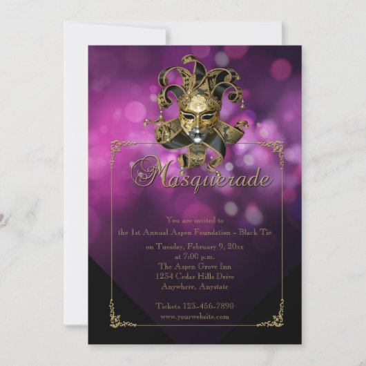 Paarse Gold Masquerade Mardi Gras Ball Uitnodiging (Voorkant)