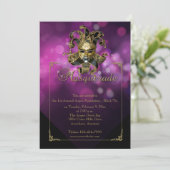 Paarse Gold Masquerade Mardi Gras Ball Uitnodiging (Staand voorkant)