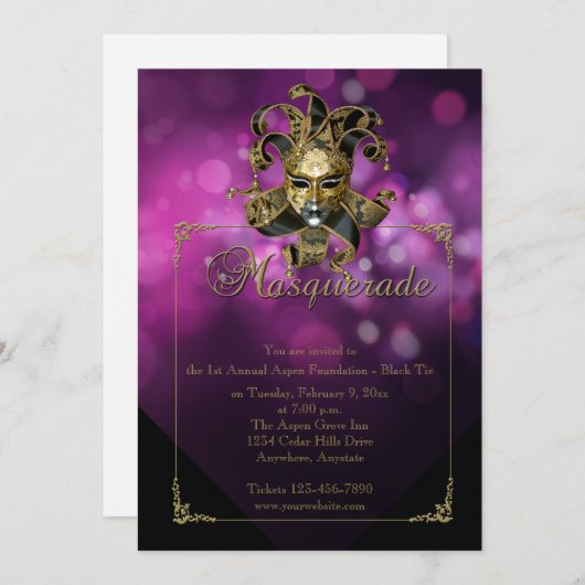 Paarse Gold Masquerade Mardi Gras Ball Uitnodiging (Voorkant / Achterkant)