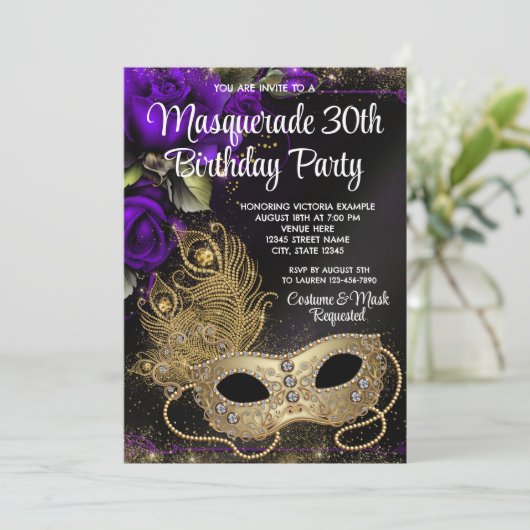 Paarse Gold Masquerade Party Kaart (Staand voorkant)