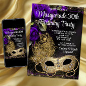 Paarse Gold Masquerade Party Kaart