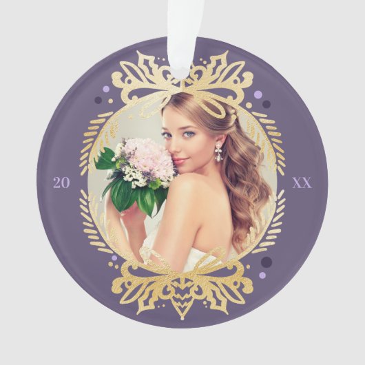 Paarse Gold Mr & Mrs First Kerstfoto Ornament (voorkant)