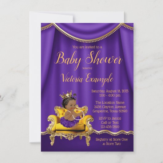 Paarse Gold Princess Baby Shower-uitvindingen Kaart (Achterkant)
