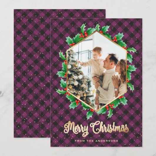 Paarse Gold Pset Snow Waterverf Kerstmis Feestdagenkaart (Voorkant / Achterkant)