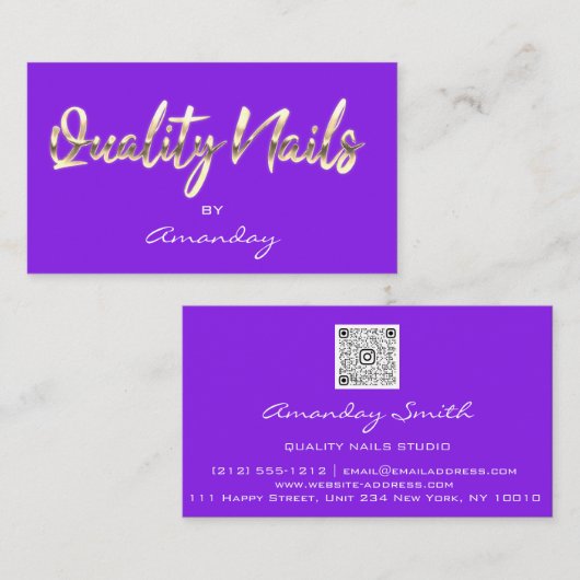Paarse Gold Quality Nails Script QR Code Logo Visitekaartje (Voorkant / Achterkant)