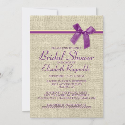 Paarse Gold Rustic Burlap Bridal Shower Kaart (Voorkant)