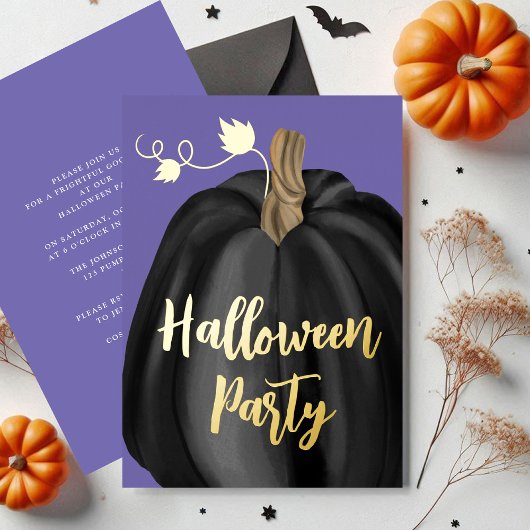 Paarse Gold Script Pumpkin Halloween Party Folie Uitnodiging