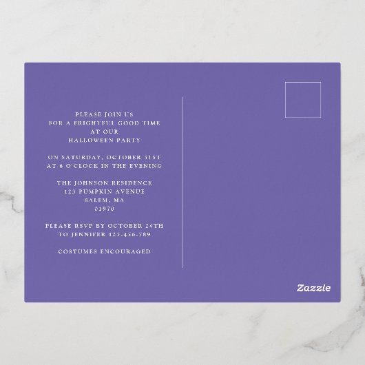 Paarse Gold Script Pumpkin Halloween Party Folie Uitnodiging Briefkaart (Achterkant)