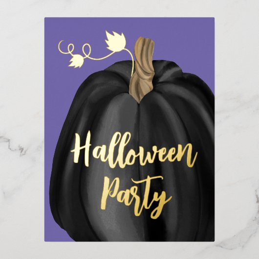 Paarse Gold Script Pumpkin Halloween Party Folie Uitnodiging Briefkaart (Voorkant)