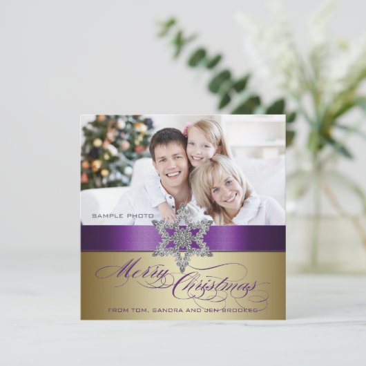 Paarse Gold Silver Merry-kerstgroet Feestdagenkaart (Staand voorkant)