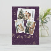 Paarse Gold Snowflake Foto Merry-kerstkaarten Feestdagenkaart (Staand voorkant)