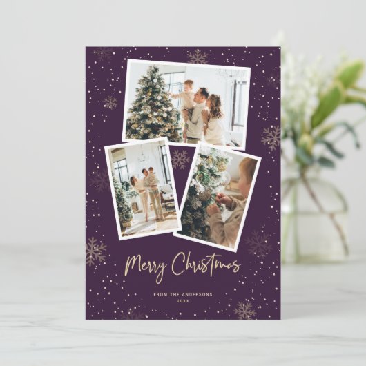 Paarse Gold Snowflake Foto Merry-kerstkaarten Feestdagenkaart (Staand voorkant)
