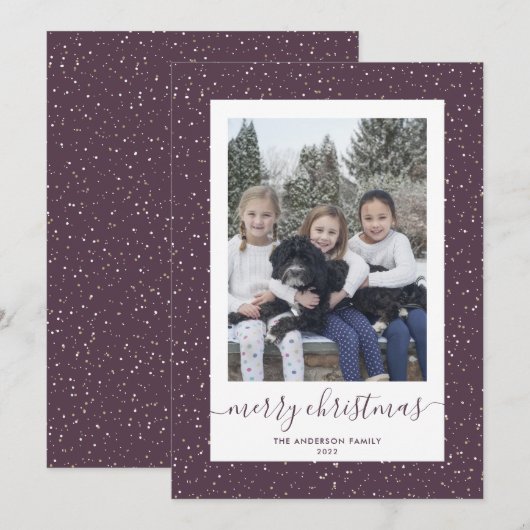 Paarse Gold Snowy Photo Merry Kerstmis Kaarten (Voorkant / Achterkant)
