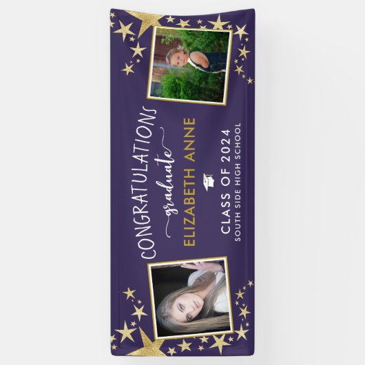 Paarse & Gold Stars Foto Afstuderen Spandoek (Verticaal)
