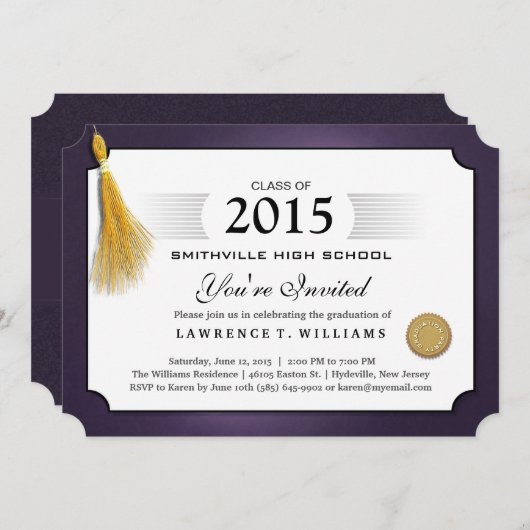 Paarse & Gold Tassel Diploma Afstuderen Uitnodigin Kaart (Voorkant / Achterkant)