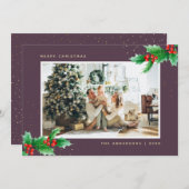 Paarse Gold Waterverf Holly-kerstkaarten Feestdagenkaart (Voorkant / Achterkant)