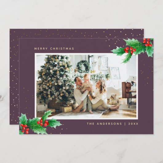 Paarse Gold Waterverf Holly-kerstkaarten Feestdagenkaart (Voorkant / Achterkant)