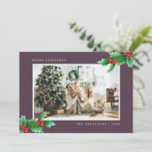 Paarse Gold Waterverf Holly-kerstkaarten Feestdagenkaart (Staand voorkant)