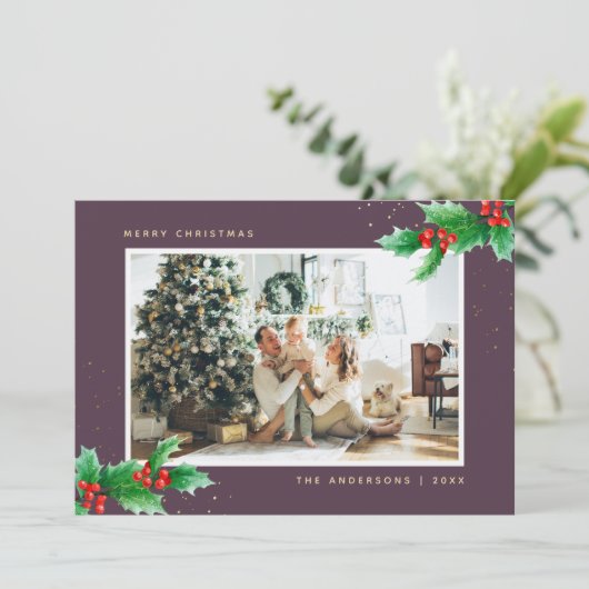 Paarse Gold Waterverf Holly-kerstkaarten Feestdagenkaart (Staand voorkant)