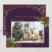 Paarse Gold Waterverf Holly-kerstkaarten Feestdagenkaart (Voorkant / Achterkant)