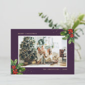 Paarse Gold Waterverf Holly-kerstkaarten Feestdagenkaart (Staand voorkant)