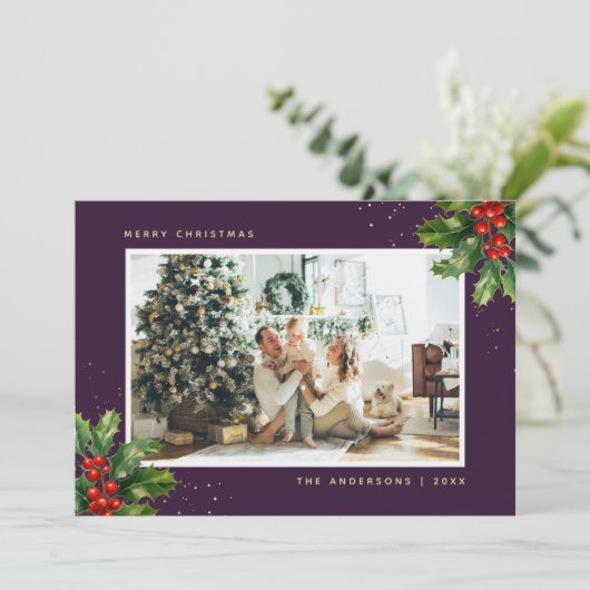 Paarse Gold Waterverf Holly-kerstkaarten Feestdagenkaart (Staand voorkant)