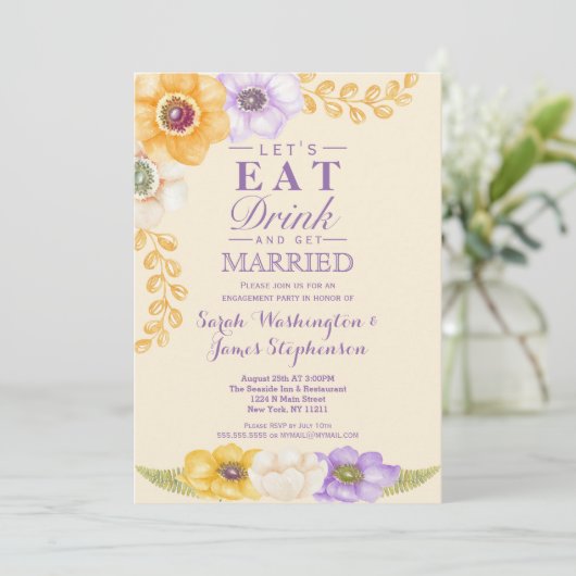 Paarse Golden Floral Waterverf Engagement Party Kaart (Staand voorkant)