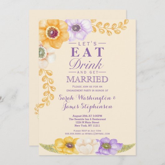 Paarse Golden Floral Waterverf Engagement Party Kaart (Voorkant / Achterkant)