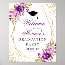 Paarse Golden Floral Welcome Graduation Party Poster