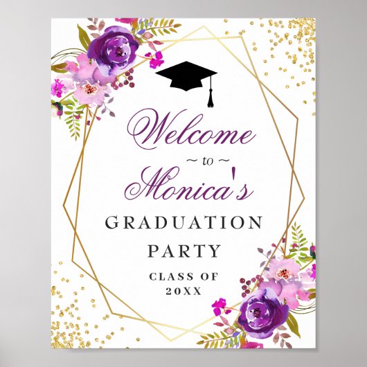 Paarse Golden Floral Welcome Graduation Party Poster (Voorkant)