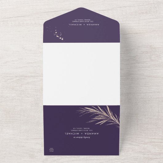 Paarse Golden Twigs Elegant Weddenschap in één Al All In One Uitnodiging (Buitenkant)