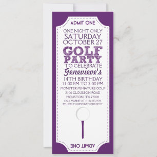 Paarse Golf Ticket Golf Birthday Party Invitation Kaart