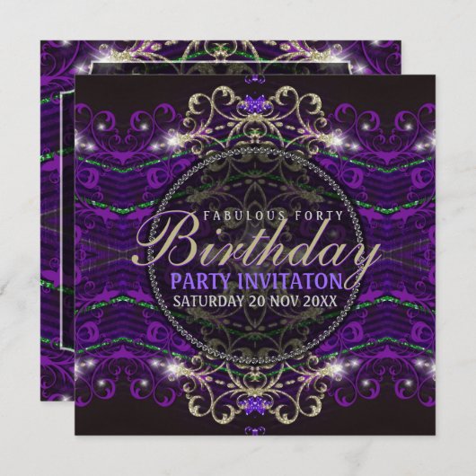 Paarse Gothic Deco Lace Fabulous, uitnodiging van  (Voorkant / Achterkant)