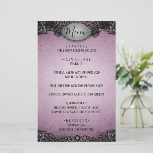 Paarse Gothic Matching Wedding Menu (Staand voorkant)