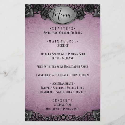 Paarse Gothic Matching Wedding Menu (Voorkant)