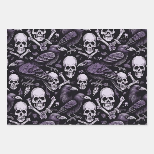 Paarse Gothic Prints, Raven Schedel Paddenstoelen Inpakpapier Vel (Voorkant 2)