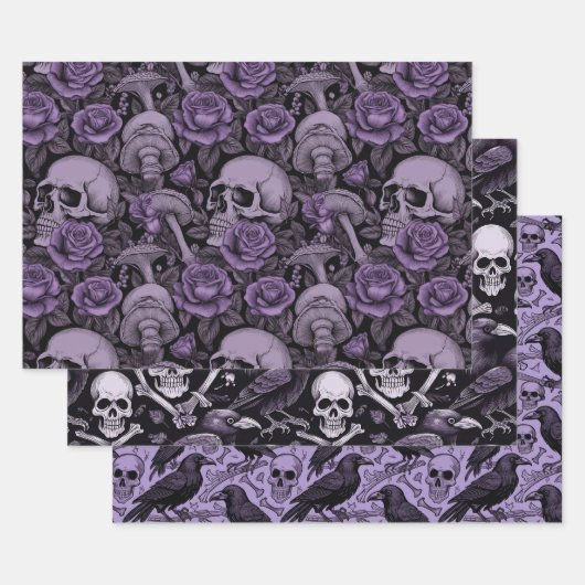 Paarse Gothic Prints, Raven Schedel Paddenstoelen Inpakpapier Vel (Set)