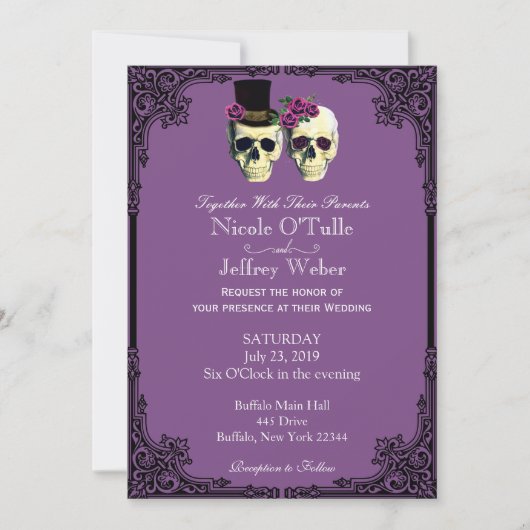 Paarse Gothic Sugar Skull Wedding Uitnodiging (Voorkant)